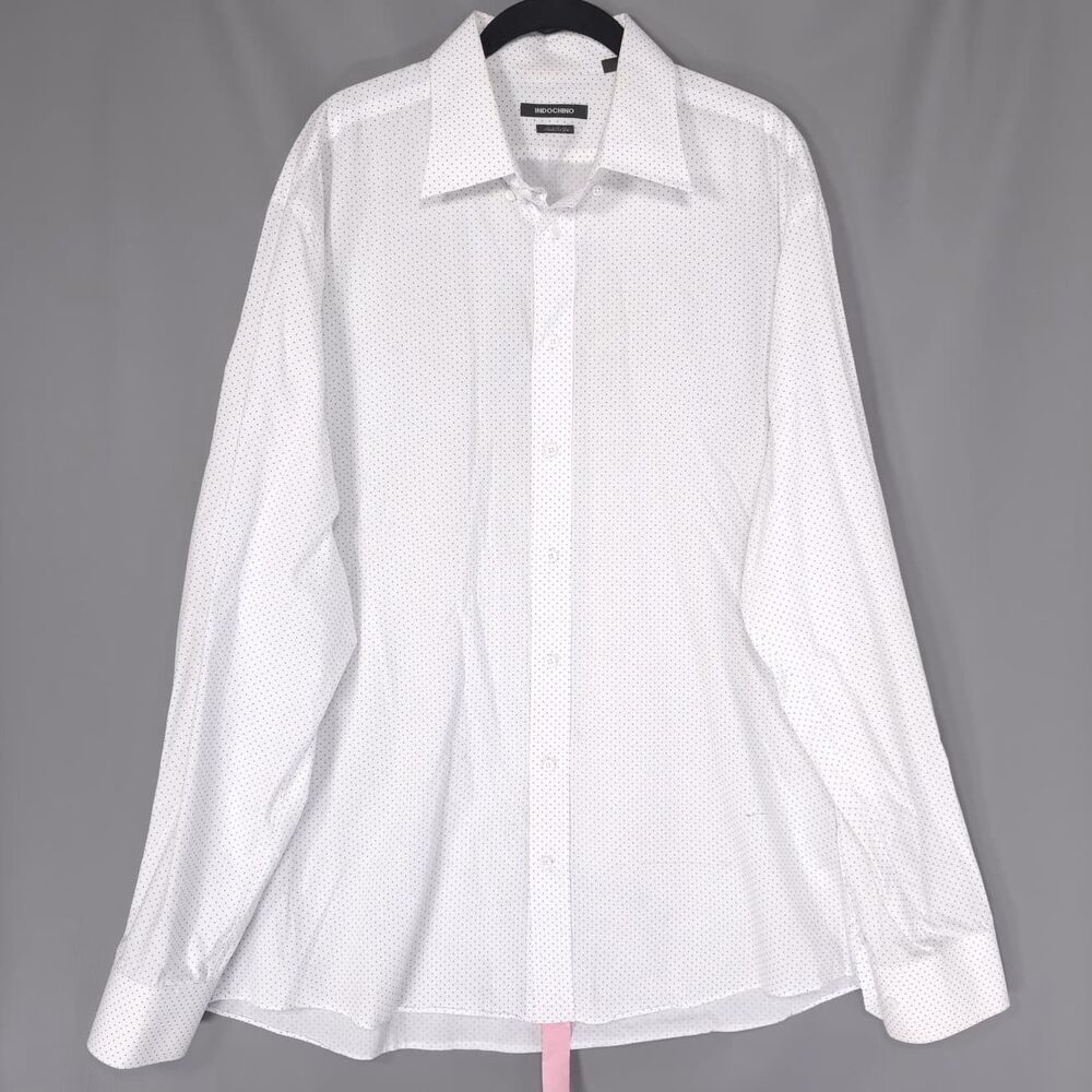 INDOCHINO Mens White Blue‎ Polka Dot Dress Shirt LARGE Button Front 100% Cotton